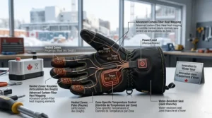 Technical illustration mapping the carbon-fiber heating zones across the fingers and palms of heated work gloves.