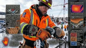 Professional product rendering of heated work gloves for construction with bilingual Gants de travail chauffants branding for the Canadian market.