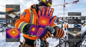 Technical illustration showing the internal heating elements and heat zones of battery-powered work gloves for cold-weather construction.