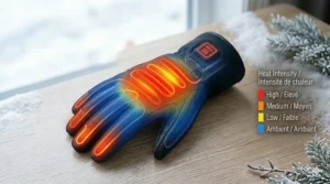 A detailed photorealistic diagram with a vibrant color-coded overlay illustrating the even distribution of carbon fiber heating elements in heated gloves.