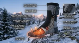 Diagram showing the heating elements and battery placement in battery heated socks for cold weather.