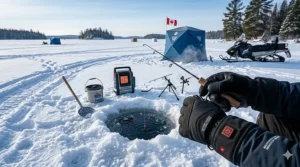 Illustration of an ice fishing setup on a frozen lake featuring durable, insulated battery heated gloves for extreme cold.
