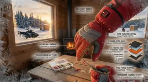 Illustration of heated gloves and gear inside a traditional Canadian ice fishing shack (cabane à pêche).
