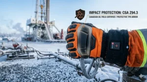 Illustration of the impact-resistant TPR padding on heated gloves used by oil and gas workers for hand safety and warmth.