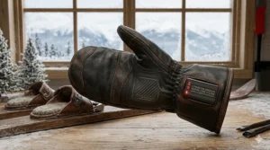 Durable leather heated ski gloves designed to withstand harsh Canadian winter conditions and wind.