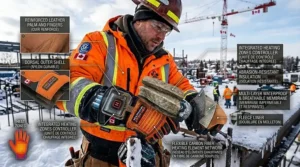 Close-up of the three-level LED heat controller interface on a pair of heated work gloves with bilingual English and French settings.