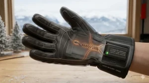 Illustration of a rechargeable lithium-ion battery pack used in heated ski gloves for all-day warmth.