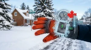 A high-detail illustration of a battery heated glove for extreme cold holding a frost-resistant battery pack, with graphic overlays indicating 8.5 hours of run time at -30°C.