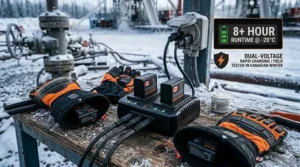 An icon representing the long-lasting lithium-ion battery life for heated work gloves used during 12-hour oil field shifts in Canada.