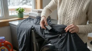 Placing heated pants inside a protective mesh laundry bag to prevent internal heating elements from snagging in the washing machine.