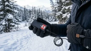 Pair of heated gloves connected to a portable power bank for commuting in Canadian winter weather.