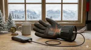 USB charging cable connected to a pair of heated ski gloves on a wooden cabin table.
