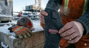 A side-profile illustration of a lightweight, ergonomic bladeless neck fan designed for all-day comfort during Canadian hiking or outdoor activities.