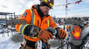 Photorealistic graphic of a long-lasting rechargeable lithium-ion battery pack used in heated work gloves for construction workers in Canada.