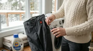 Tucking the internal USB power cord securely into the zippered pocket of heated pants to prepare for a safe wash cycle.