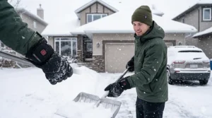 A Canadian homeowner using heavy-duty heated mittens to shovel a driveway during a snowstorm.
