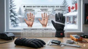 A clear sizing chart for unisex battery heated gloves with measurements in centimeters and inches for Canadian shoppers.