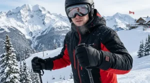 Illustration of a skier at a Canadian resort wearing waterproof battery heated gloves with adjustable temperature settings.