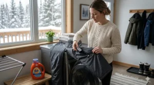 Using a damp cloth to spot-clean white road salt stains off heated pants, a common maintenance step for Canadian winter gear.