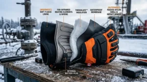 A technical diagram showing the multi-layer insulation and carbon fiber heating elements of heated gloves designed for Canadian oil field standards.