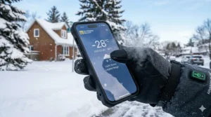 A close-up illustration of a hand wearing a touchscreen-compatible battery heated glove for extreme cold, using a smartphone displaying a -28°C weather forecast with bilingual English and French text in a snowy Canadian setting.