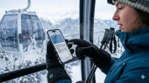 Person using a smartphone with touchscreen-compatible heated ski gloves on a chairlift.