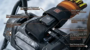 Illustration of a worker operating a tablet on-site using touchscreen-compatible heated work gloves.