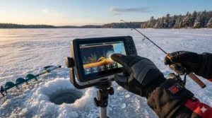 Heated gloves for ice fishing with touchscreen fingertips for using GPS and fish finders in sub-zero weather.