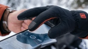 An extreme close-up photorealistic illustration showing the conductive fingertip sensor pattern on touchscreen heated gloves for precise mobile use.