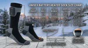 Sizing guide for battery heated socks with both Canadian/US and metric measurements.