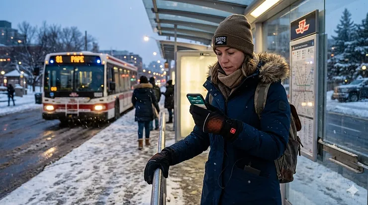 A Canadian commuter wearing black USB heated gloves for commuting while holding a transit pass at a snowy outdoor bus stop.