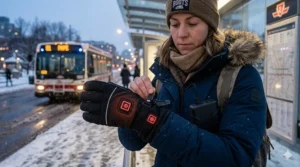 Illustration showing how USB heated gloves for commuting connect to a portable power bank or laptop for a warm morning trek.
