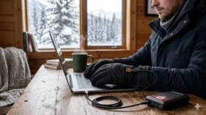 Fingerless USB heated gloves being used by a professional working on a laptop in a cold home office.