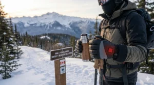 Illustration of someone using heated gloves for both skiing and winter hiking in a Canadian provincial park.