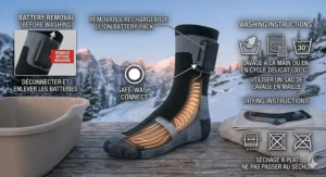 Illustration showing how to safely wash battery heated socks and remove the power bank.