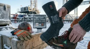 A graphic depicting a bladeless neck fan with sweat-resistant materials, making it a safe and durable choice for hot Canadian summer humidity.