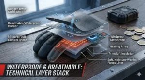 Illustration of the waterproof and breathable layers found in high-quality heated snowmobile gloves.