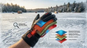 Diagram of waterproof and windproof layers in heated gloves designed for wet ice fishing conditions.