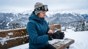 A snowboarder adjusting their waterproof heated ski gloves during a heavy snowfall in Whistler, British Columbia.