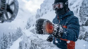 Illustration showing the waterproof and windproof layers of heated ski gloves against heavy snowfall and ice.