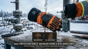 An illustration showing the oil-resistant and waterproof outer shell of heated gloves used on Canadian offshore and land-based drilling rigs.