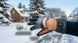 A high-detail photorealistic diagram showing the layered construction of a battery heated glove for extreme cold, featuring a waterproof membrane, Thinsulate insulation, and internal heating filaments.