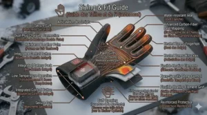 Illustration of a heated work glove resisting high-pressure wind and moisture, ideal for Canadian coastal or prairie winters.