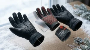 A photorealistic exploded view diagram illustrating the waterproof and windproof layers of a heated glove, designed for harsh Canadian winter weather.