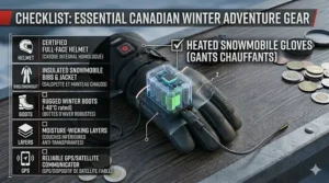 An infographic checklist for Canadian snowmobiling including a helmet, bibs, and heated snowmobile gloves (gants chauffants).