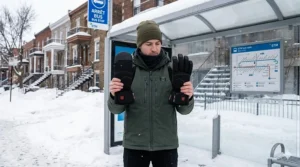 A commuter waiting for a bus at an STM stop in Montreal comparing heated mittens vs gloves for wind protection.