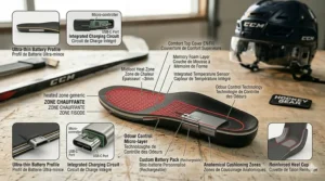 Illustration of the anatomical support and heating zones in a specialized hockey skate insole for maximum comfort.