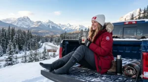 A close-up of heated socks for women being worn under skates at an outdoor rink in Ottawa.