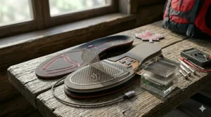 Alt text for image 6: Exploded view illustration showing the multi-layer construction and moisture-wicking fabric of premium heated insoles.