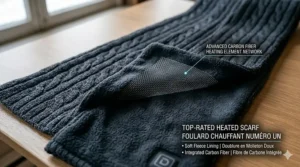 Illustration highlighting the auto shut-off safety sensor on the best heated scarf models available in Canada.